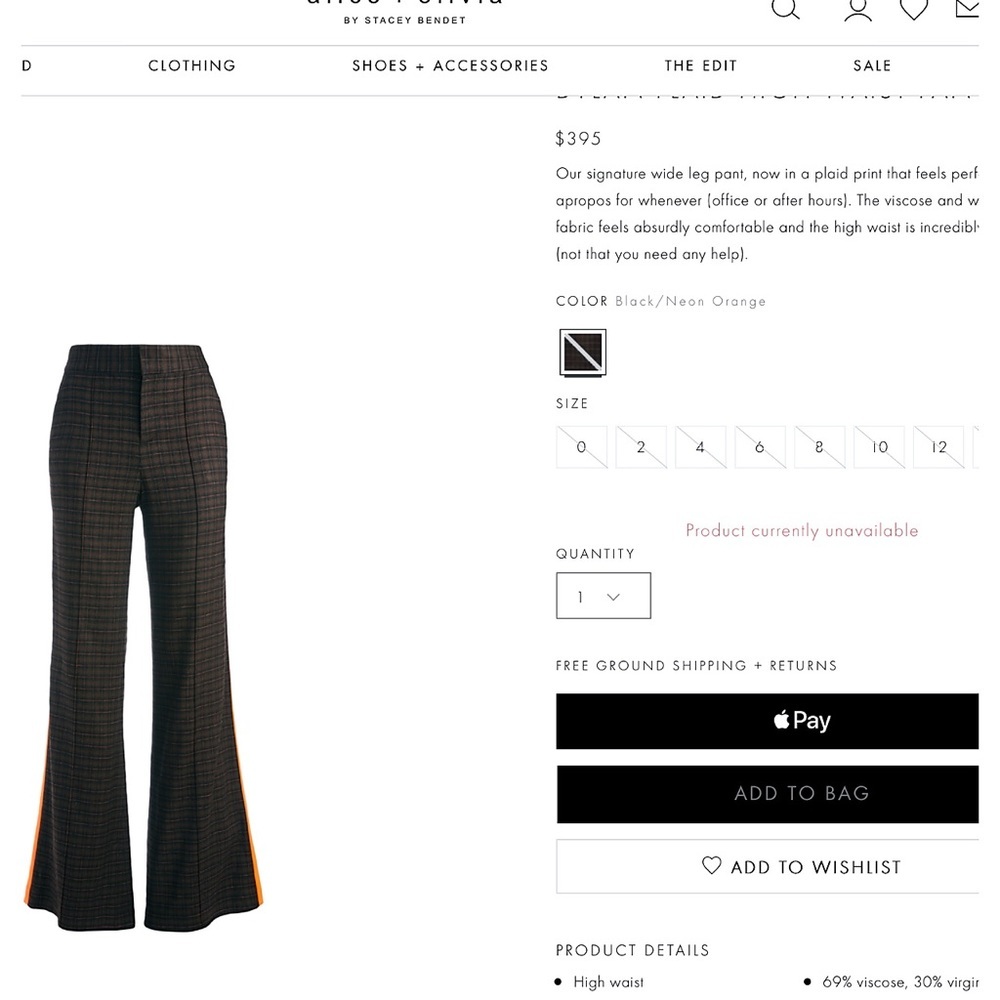 Alice + Olivia Dylan Orange Plaid High Rise Brown Black Pant - Picture 3 of 16